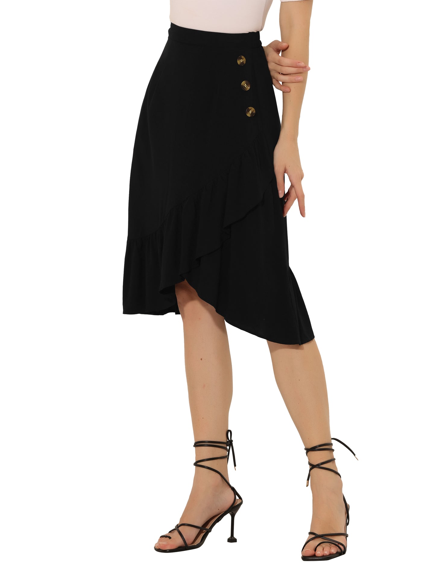 Allegra K Elegant High Waisted Asymmetrical Split Faxu Wrap Ruffle Skirt
