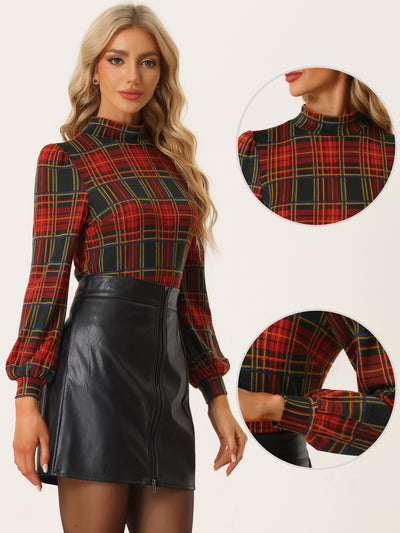 Mock Neck Blouse for Puff Long Sleeve Vintage Plaid Tops