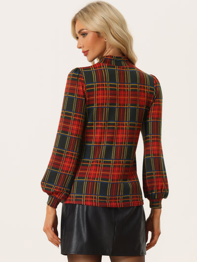 Mock Neck Blouse for Puff Long Sleeve Vintage Plaid Tops
