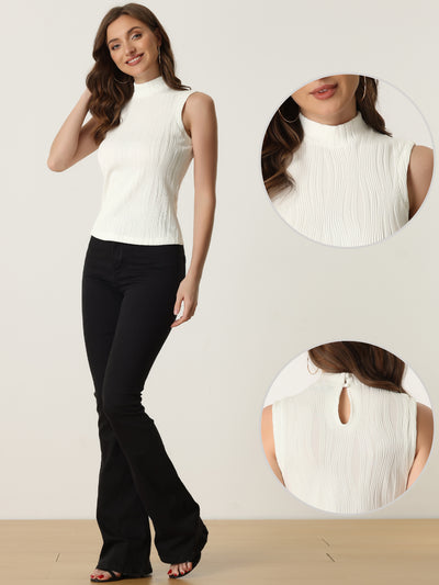 Sleeveless Fitted Top for Mock Neck Textured Ribbed Knit Tank Tops