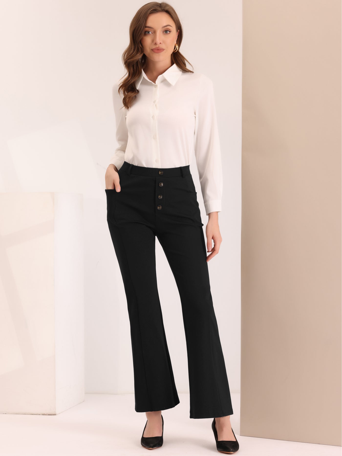 Belt Loops Stretchy Bootcut Dress Pants for Women's High Waist Work Office  Business Casual Slacks with Pockets
