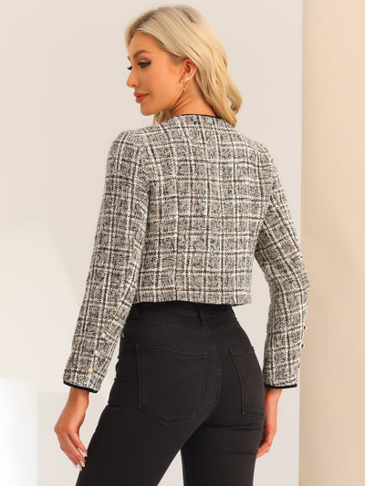 Tweed Jacket Casual Round Neck Button Front Closure Long Sleeve