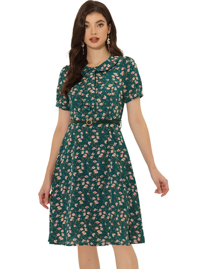 Peter Pan Collar Tie Neck Short Sleeve A-Line Belted Floral Dress