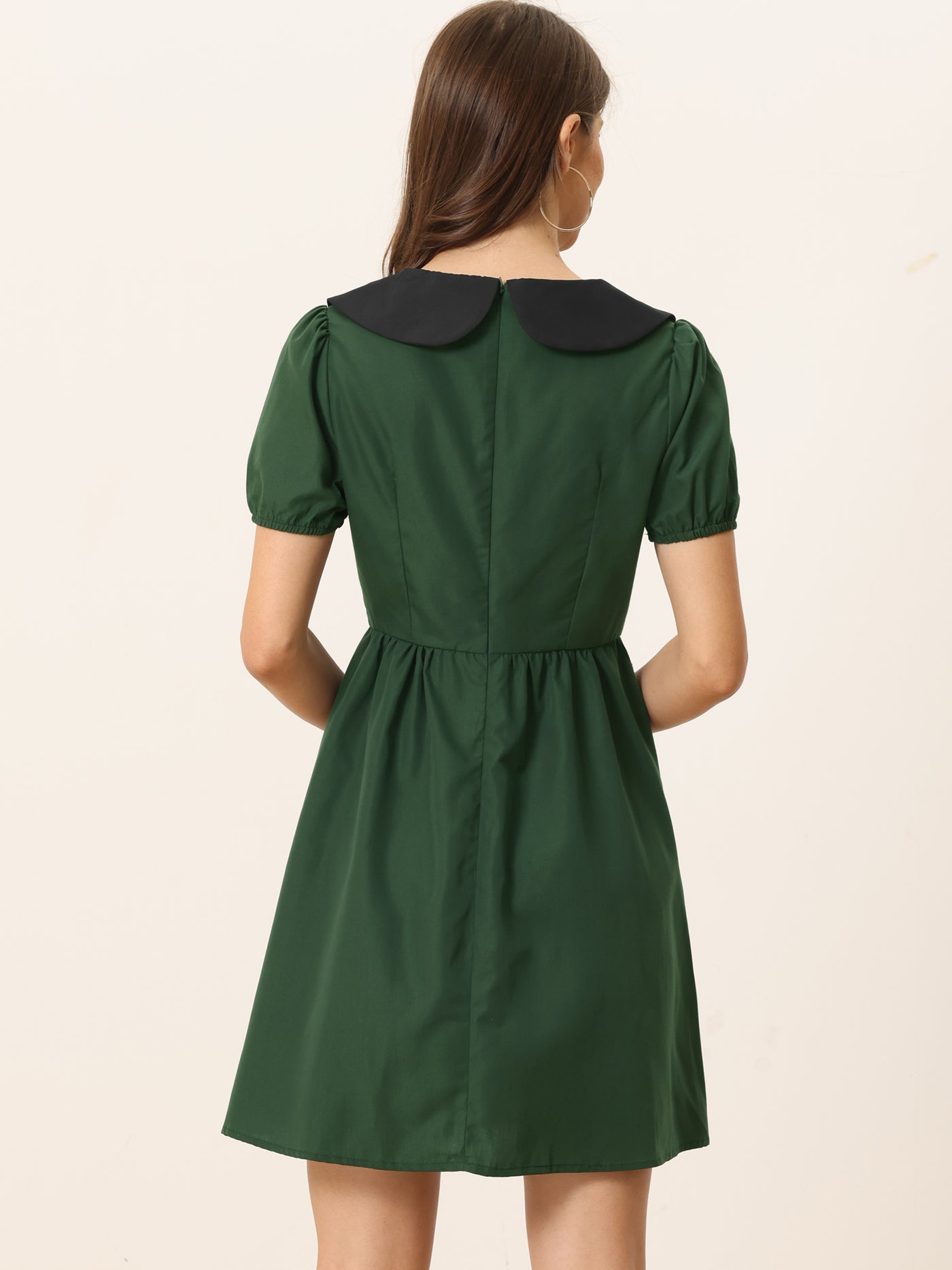Allegra K Contrast Peter Pan Collar Puff Short Sleeve A-line Dress
