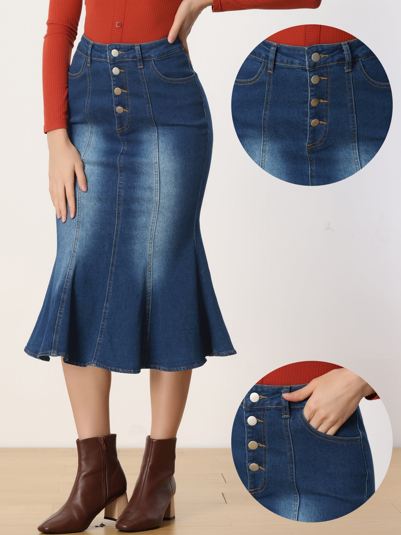 Allegra K Fishtail Denim Button Pockets Distressed Midi Skirt