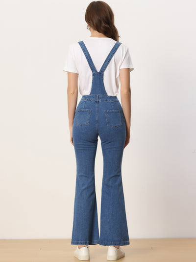 Casual Denim Jumpsuits for V Neck Zip Up Bell Bottom Jeans Overall