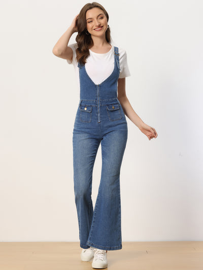 Allegra K Casual Denim Jumpsuits for V Neck Zip Up Bell Bottom Jeans Overall