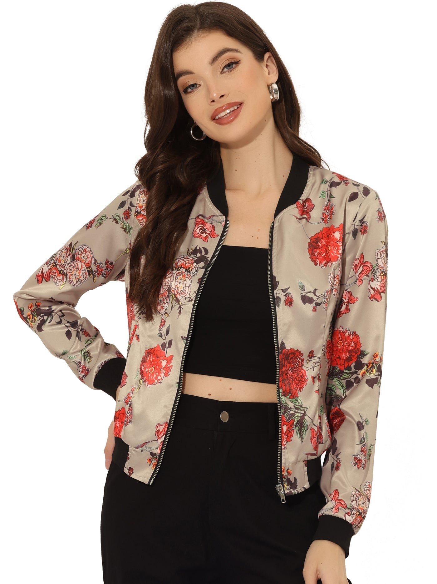 Allegra K Stand Collar Zip Up Floral Print Bomber Jacket
