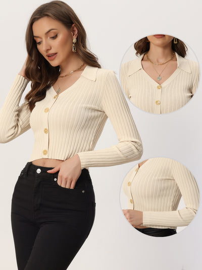 V Neck Ribbed Knit Long Sleeve Solid Crop Top Pullover Sweater