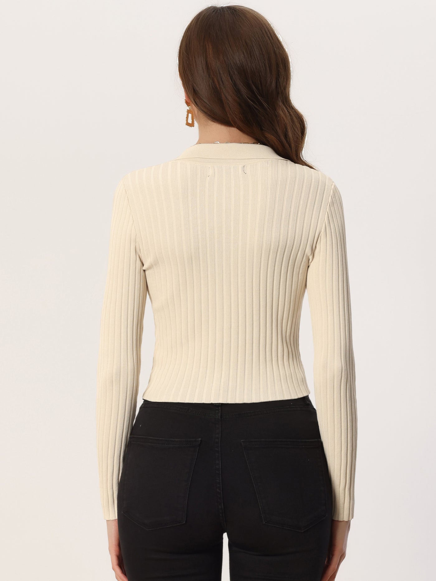 Allegra K V Neck Ribbed Knit Long Sleeve Solid Crop Top Pullover Sweater