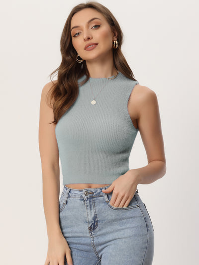 Crew Neck Faux Fur Sleeveless Pullover Knit Crop Top