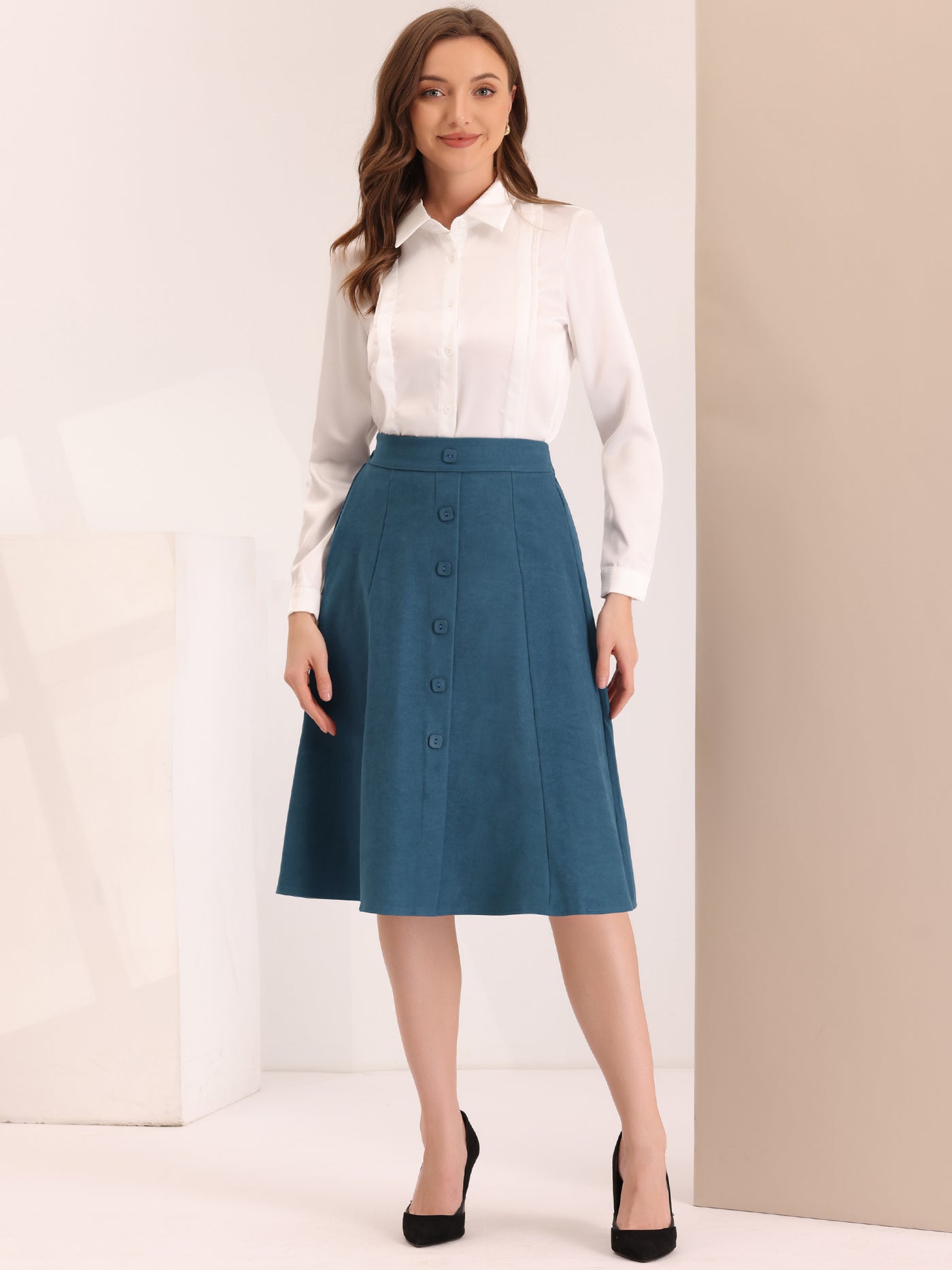 Allegra K Women's Elastic Waist Single Breasted High Waisted A-Line Flared Midi Skirt