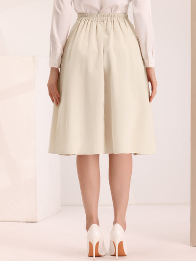 Women's Elastic Waist Single Breasted High Waisted A-Line Flared Midi Skirt