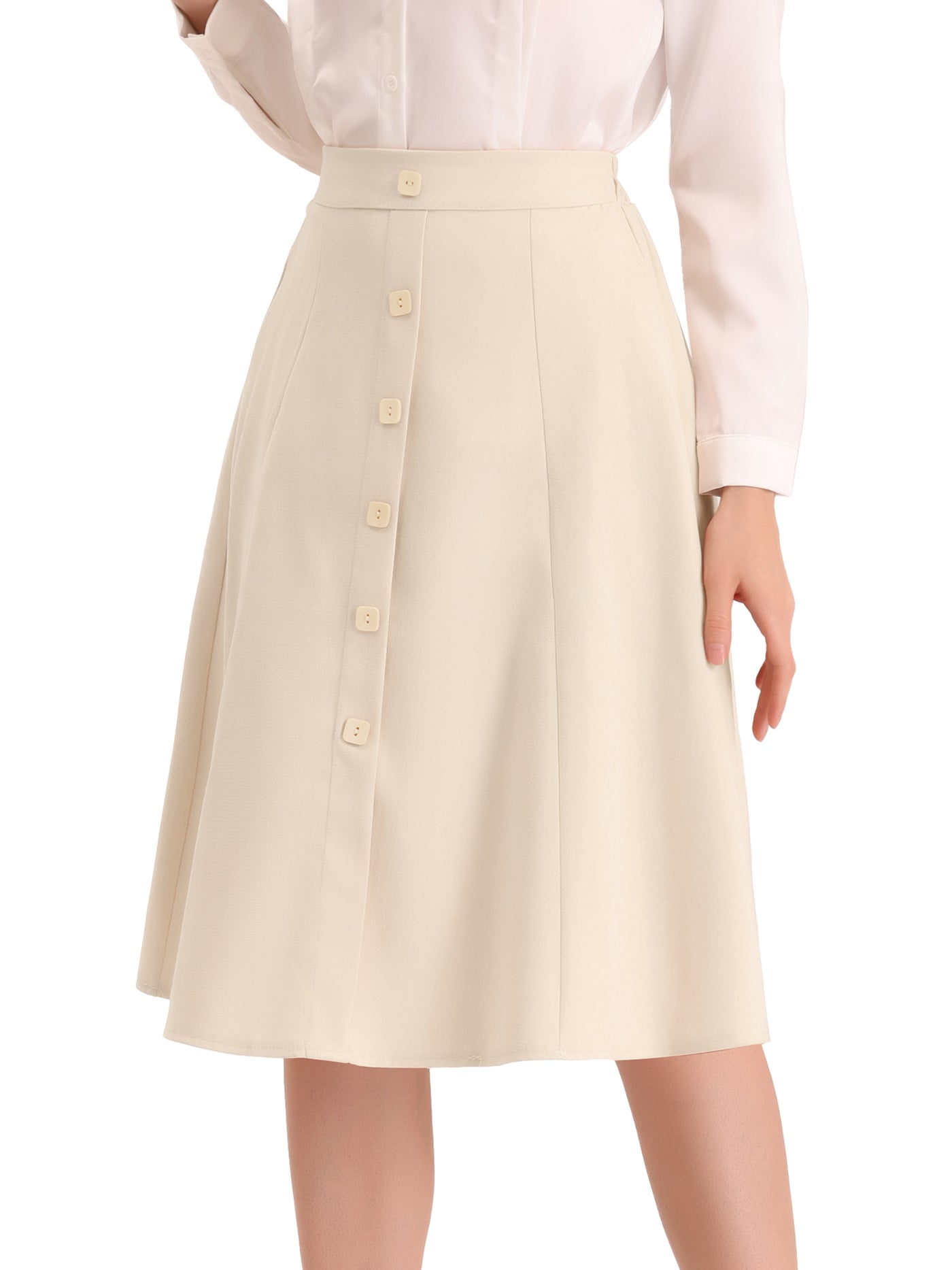 Allegra K Women's Elastic Waist Single Breasted High Waisted A-Line Flared Midi Skirt
