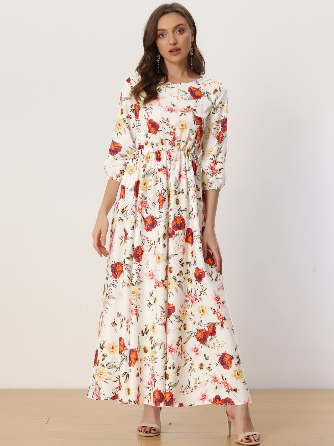 Allegra K Floral Maxi Casual Puff Sleeve Flowy A Line Long Dress
