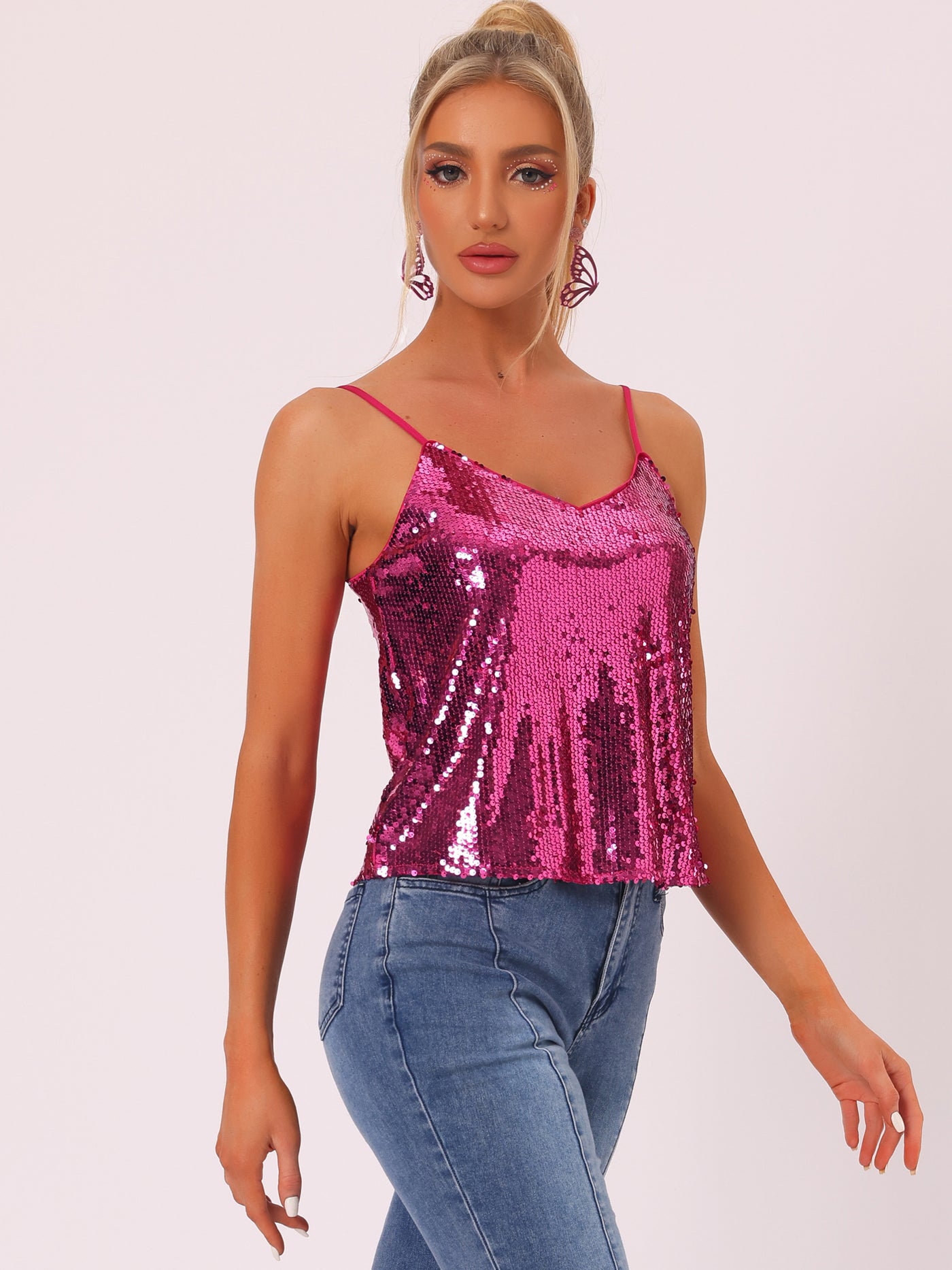 Allegra K Sequined Camisole Club Party Glitter Disco Sparkle Cami Top