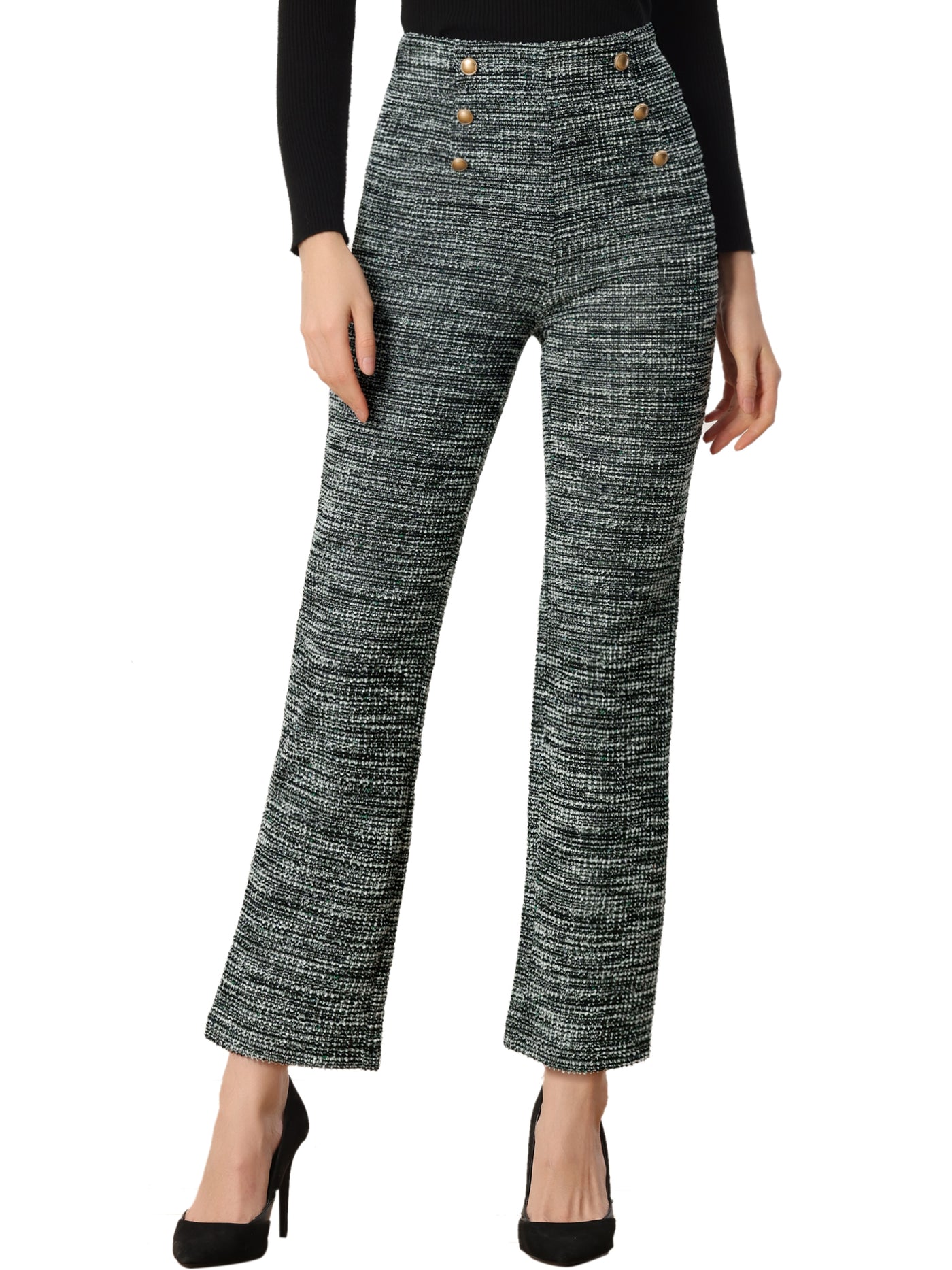 Allegra K High Rise Tweed Plaid Pants for Women's Button Front Long Trouser Pants