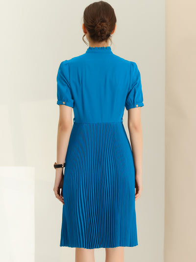 Short Sleeve Ruffle Stand Neck Belted Waist Pleated A Line Midi Dress