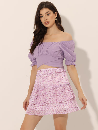 Layered Ruffle Hem Elastic Waist A-Line Skater Floral Mini Skirt