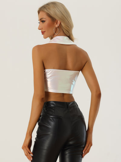 Holographic Crop Top Shimmering Shiny Party Halter Metallic Tops