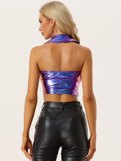 Holographic Crop Top Shimmering Shiny Party Halter Metallic Tops