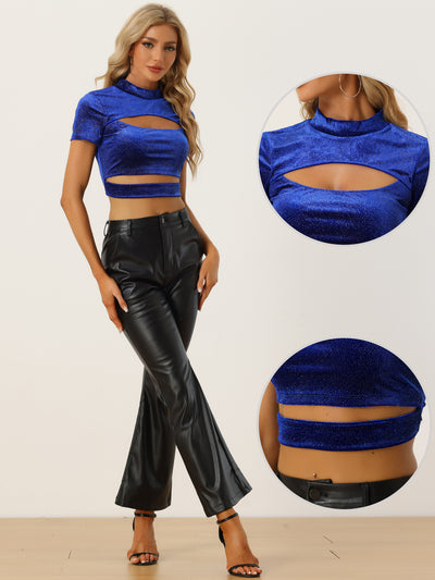 Cut Out Top for Glitter Sparkle Velvet Short Sleeve Fitted Crop Tops