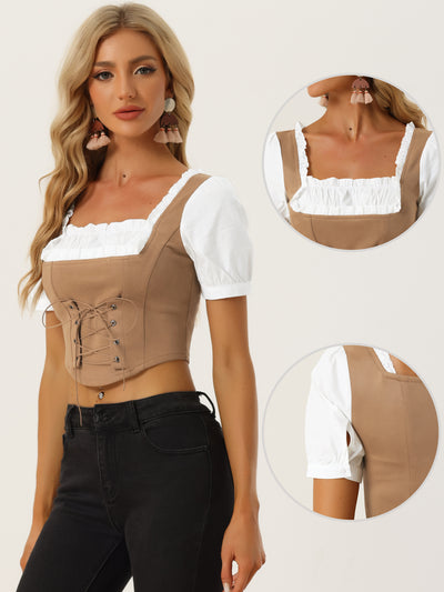 Contrast Puff Sleeve Square Neck Lace Up Faux Suede Crop Top Blouse