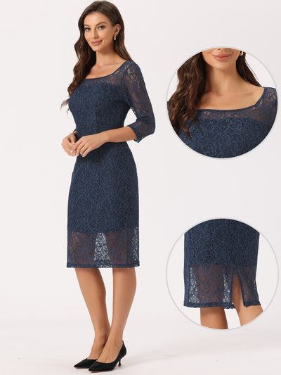 Lace 3/4 Sleeve Dress Square Neck Midi Straight Tired