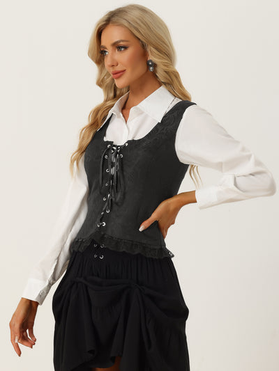 Allegra K Gothic Jacquard Lace Up Vest for U Neck Sleeveless Vintage Corset Top