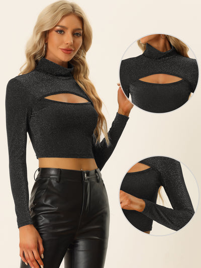 Party Tee for Long Sleeve Slim Fit Mock Neck Cutout Crop Tops