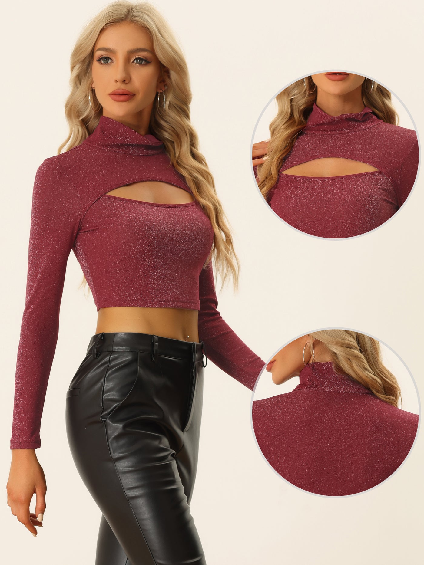 Allegra K Party Tee for Long Sleeve Slim Fit Mock Neck Cutout Crop Tops