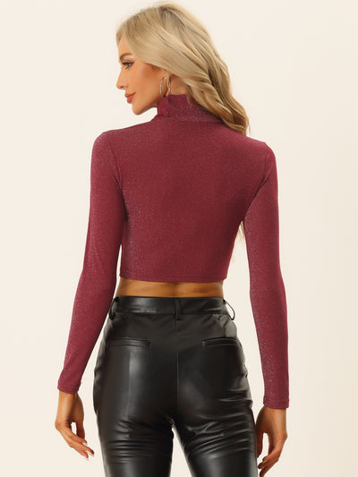Party Tee for Long Sleeve Slim Fit Mock Neck Cutout Crop Tops