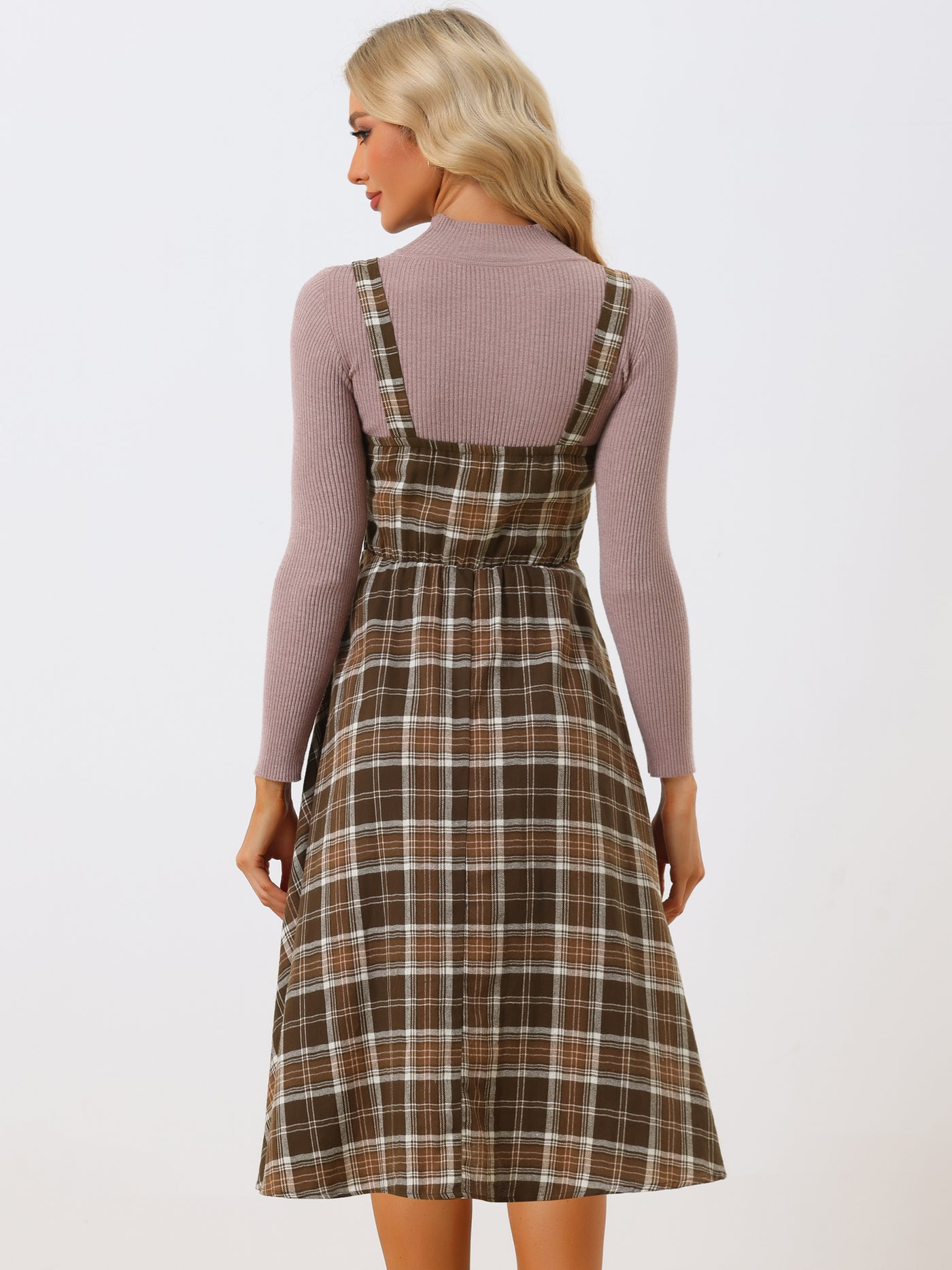 Allegra K Plaid Overalls Sleeveless Suspender A-Line Pinafore Dress