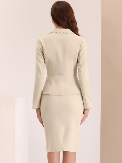Business Suit 2 Pieces Tweed Trim Blazer Jacket and Skirt Set