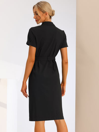 Short Sleeve Notched Lapel Slit Double Breasted Belt Work Blazer Dress