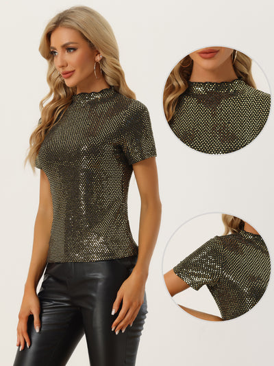 Sequin Top for Short Sleeve Mock Neck Sparkly Party Blouse