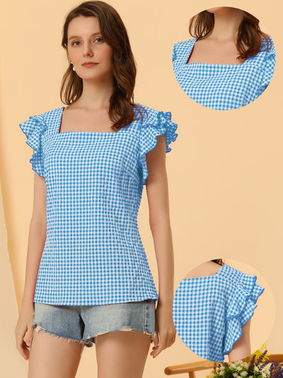 Summer Gingham Tops Square Neck Ruffle Cap Sleeve Blouse