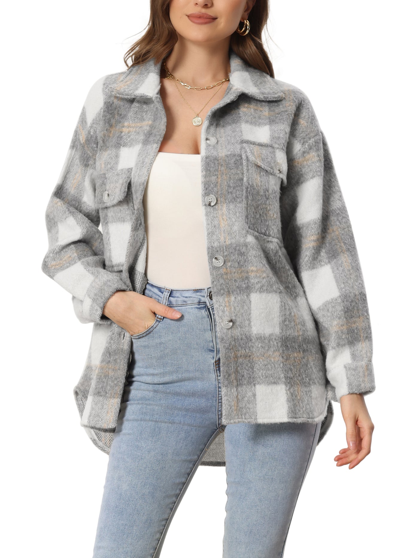 Allegra K Plaid Winter Casual Jacket Two Pockets Button Front Closure Coat