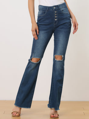 High Waist Button Up Ripped Flare Jeans Fitted Denim Bell Pants