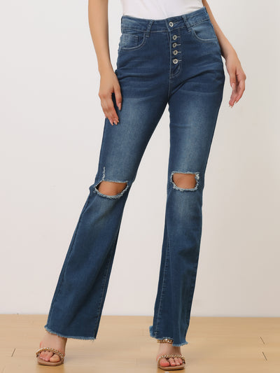 Allegra K High Waist Button Up Ripped Flare Jeans Fitted Denim Bell Pants