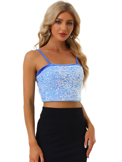 Sequined Cami Velvet Spaghetti Strap Club Party Crop Tank Top