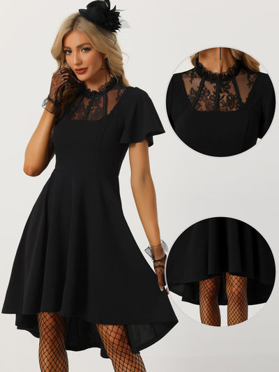 Flutter Sleeve Lace Mesh Hight Neck Casual Midi Dress