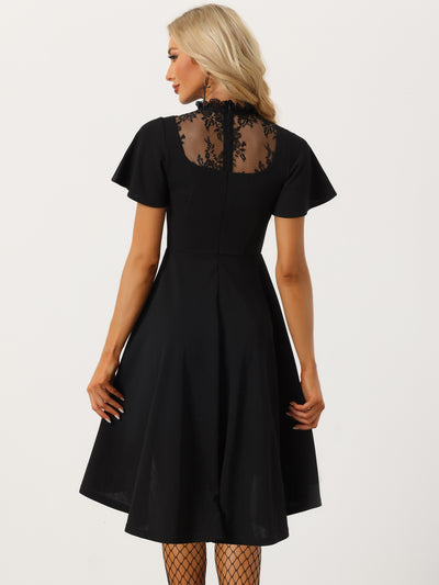 Flutter Sleeve Lace Mesh Hight Neck Casual Midi Dress
