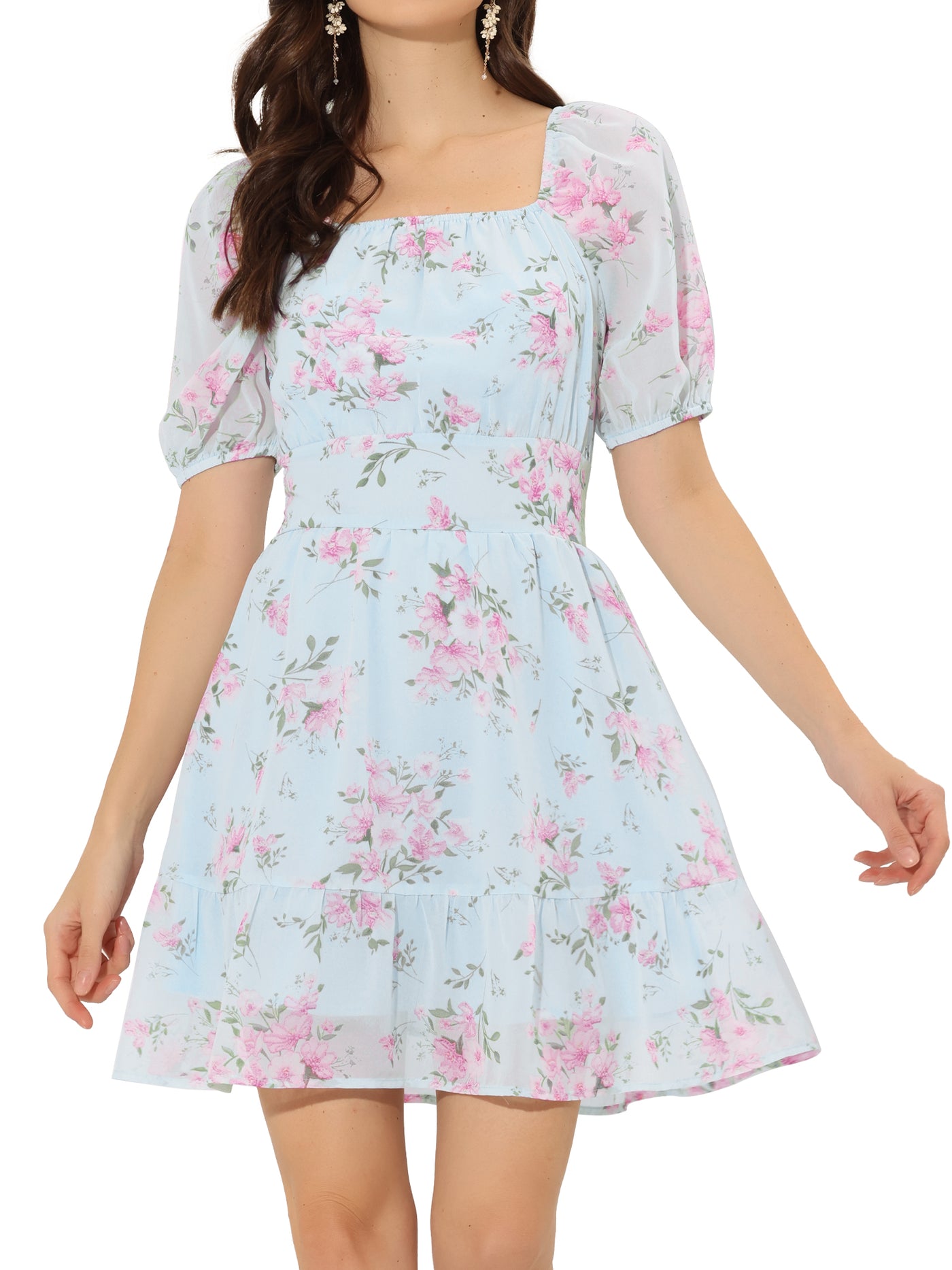 Allegra K Floral Print Square Neck High Waist Summer Mini Dress