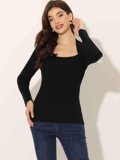 Allegra K Square Neck Sweater Long Sleeve Slim Fit Ribbed Knit Tops