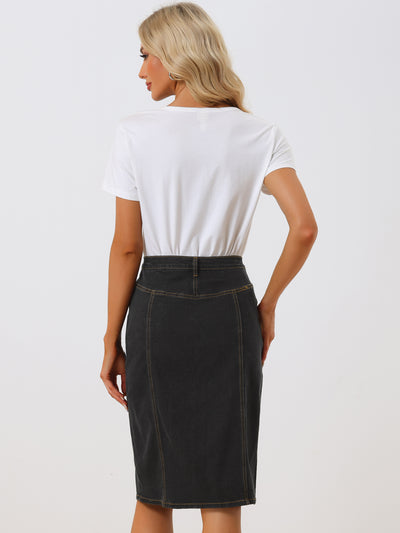 Denim Button Decor Side Slit Slash Pocket Knee Length Skirt