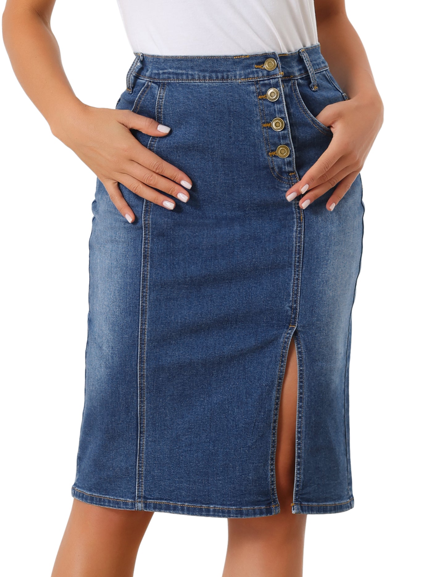 Allegra K Denim Button Decor Side Slit Slash Pocket Knee Length Skirt