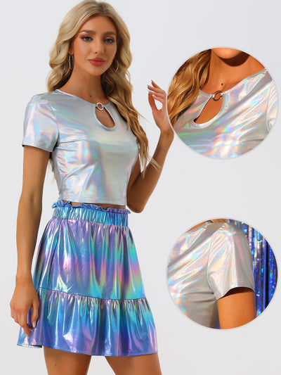 Metallic Keyhole Short Sleeve Party Shiny Holographic Crop Top