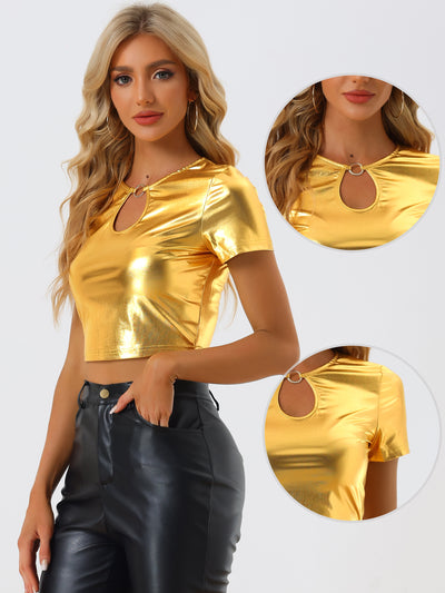 Metallic Keyhole Short Sleeve Party Shiny Holographic Crop Top