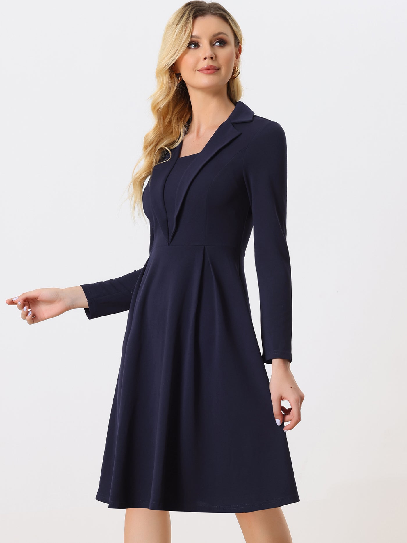 Allegra K Elegant Office Square Neck Long Sleeve Pleated A-line Dress